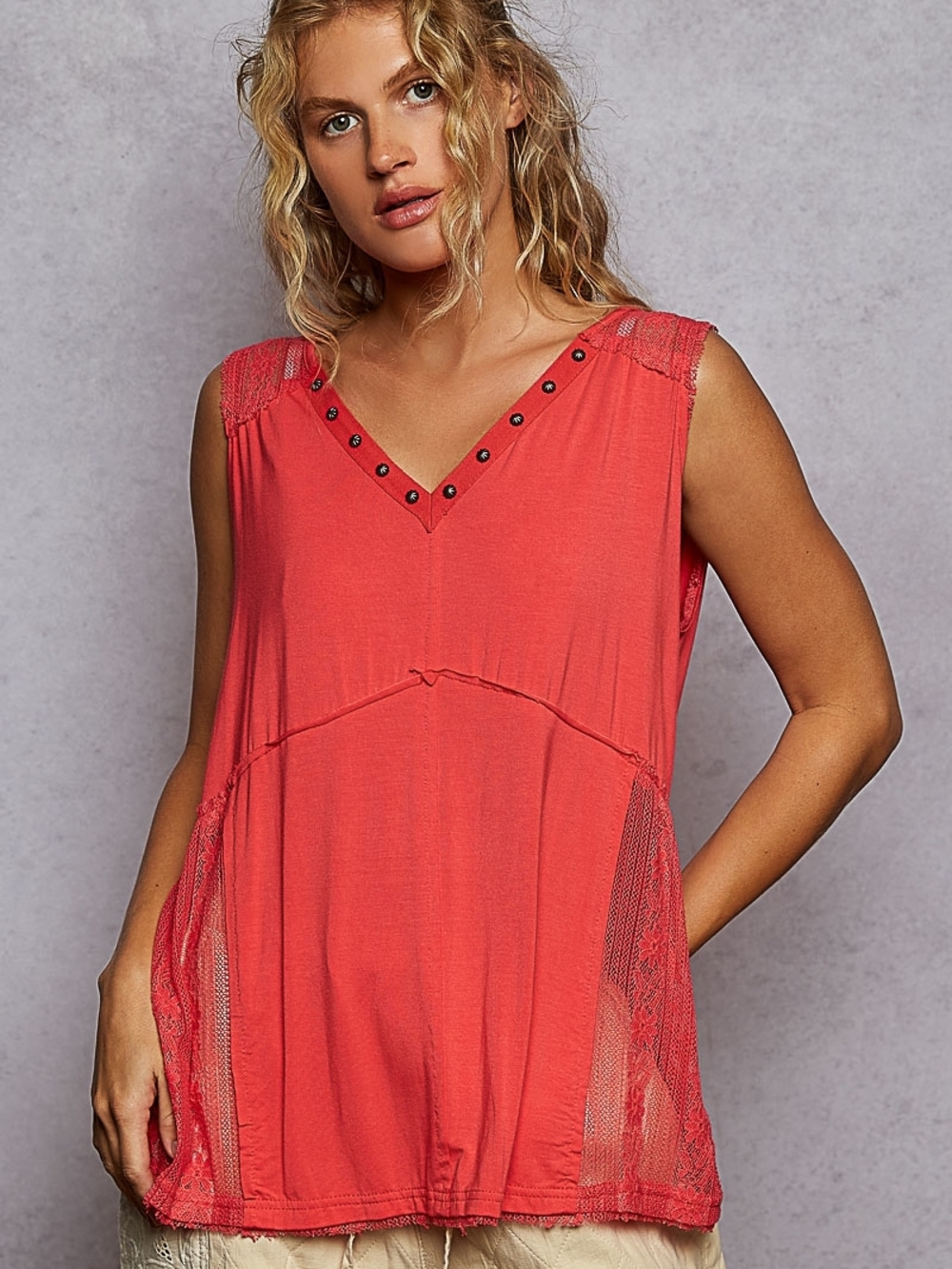 POL Coral Red V-Neck Sleeveless Tank with Lace Panels